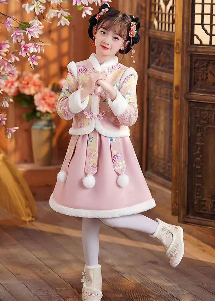 Pink Stand Collar Button Coats and Skirts Two Pieces Set Winter
