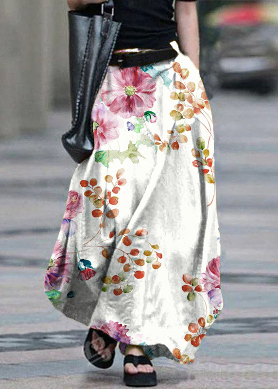 Cotton High Elastic Waist Side Pocket Zipper White Flowers Skirts