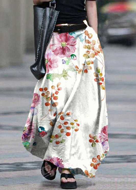 Cotton High Elastic Waist Side Pocket Zipper White Flowers Skirts