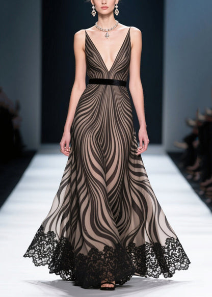 Black Zebra Pattern Chiffon Party Dresses Exra Large Hem Summer
