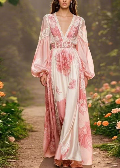 Pink V Neck Print Silk Long Dresses Lantern Sleeve