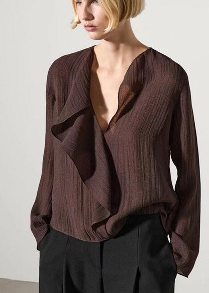 French Coffee Ruffled Patchwork Shirts Fall