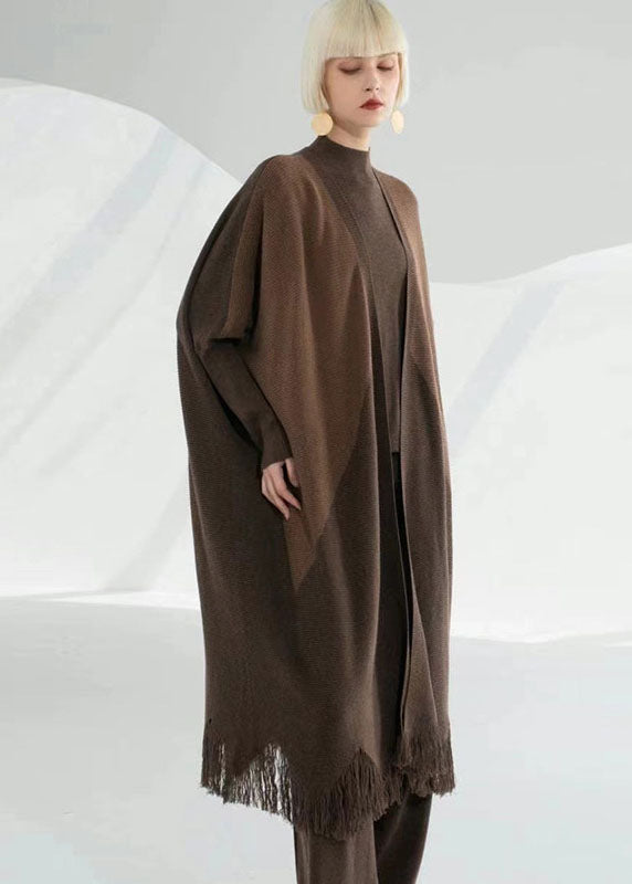 French Dark Coffee V Neck Patchwork Tassel Wool Knit Cardigans Long Sleeve