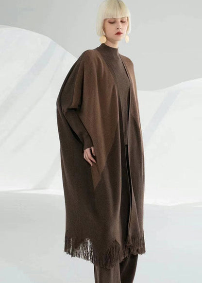 French Dark Coffee V Neck Patchwork Tassel Wool Knit Cardigans Long Sleeve