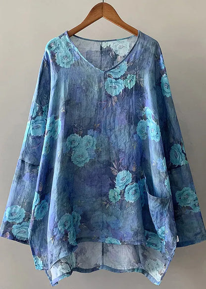 Style Blue Oversized Linen Shirt Tops Spring