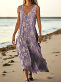 Women's Folk Art Floral Print V-neck Sleeveless Pocket Cotton Dress
