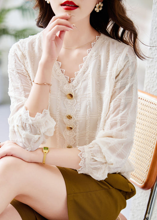 White V Neck Lace Patchwork Button Chiffon Shirt Fall