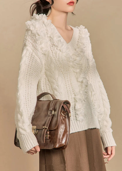 White V Neck Hollow Out Knit Sweaters Winter
