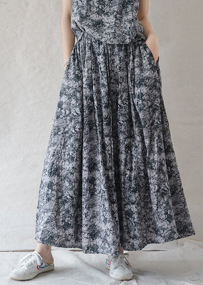 Grey Elastic Waist Drawstring Print Cotton Skirts Spring