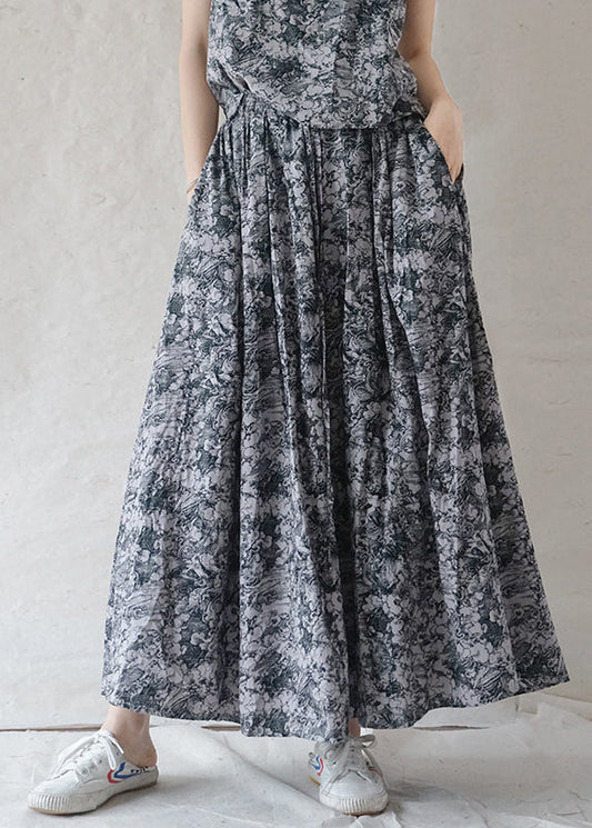 Grey Elastic Waist Drawstring Print Cotton Skirts Spring