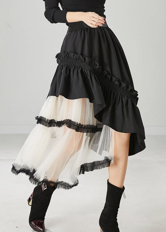 Black Ruffled Patchwork Tulle Cotton Skirt Spring