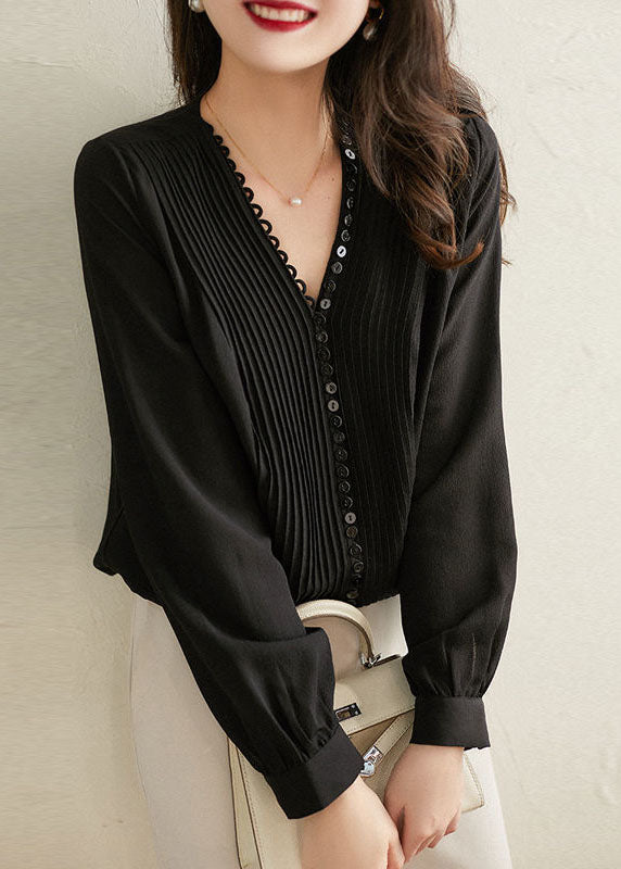 Black V Neck Wrinkled Button Silk Shirts Long Sleeve