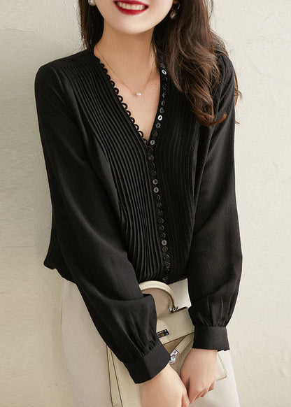 Black V Neck Wrinkled Button Silk Shirts Long Sleeve