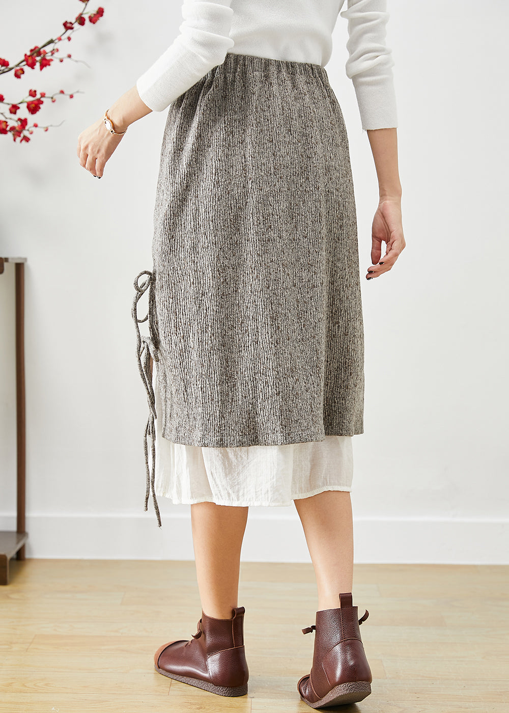Grey Elastic Waist Patchwork Lace Up Cotton Fake Two Piece Skirt Fall