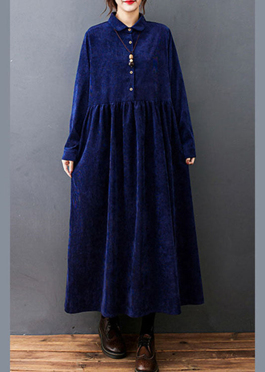 Style Navy Peter Pan Collar Button Corduroy Long Dress