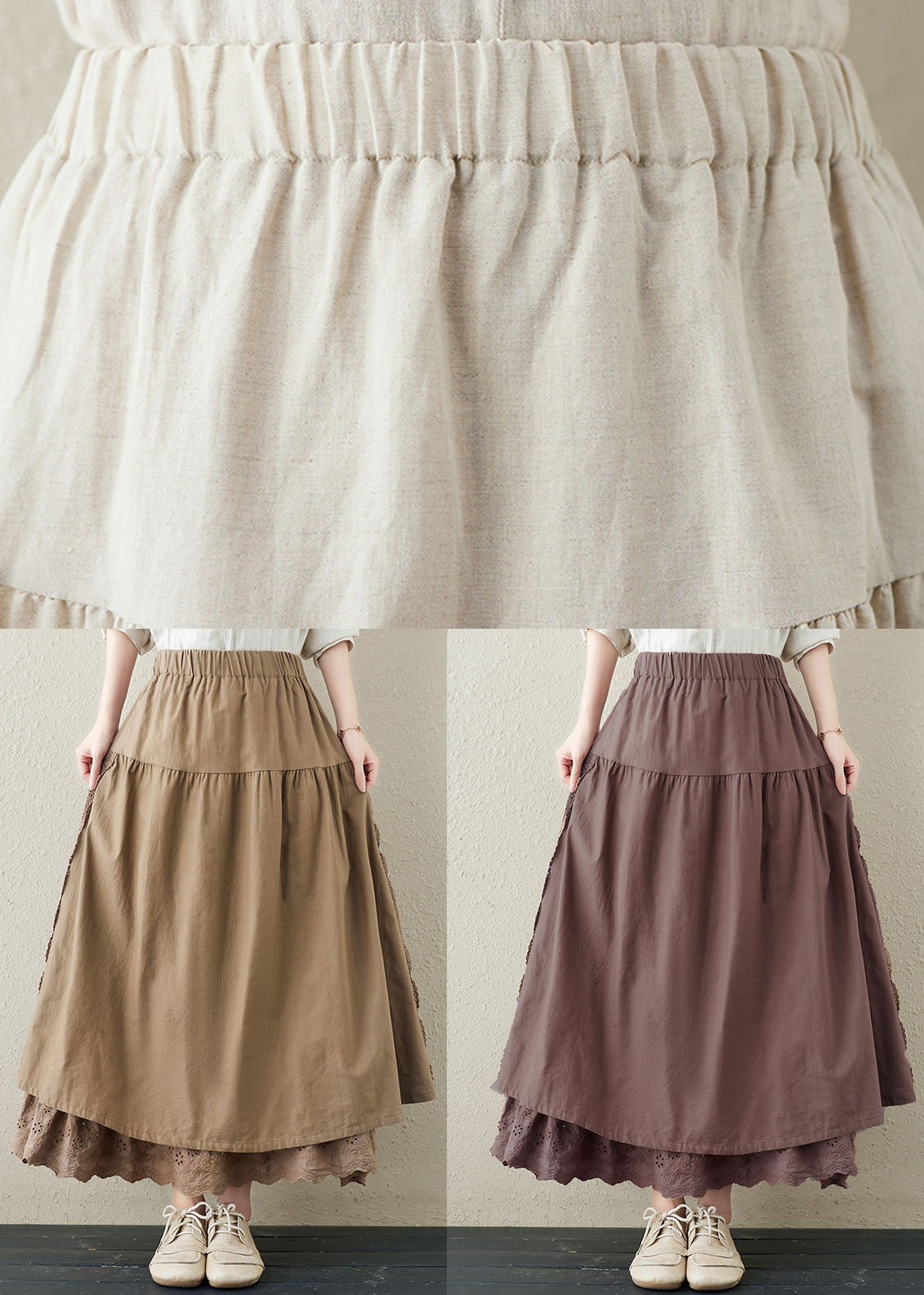 Loose Chocolate High Waist Layered Design Linen a Line Skirt Summer