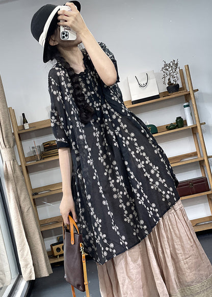 Black Stand Collar Side Open Print Shirt Top Short Sleeve