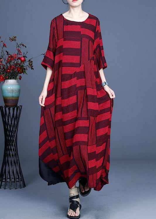 Comfy Red Striped Asymmetrical Design Maxi Summer Cotton Linen Dress