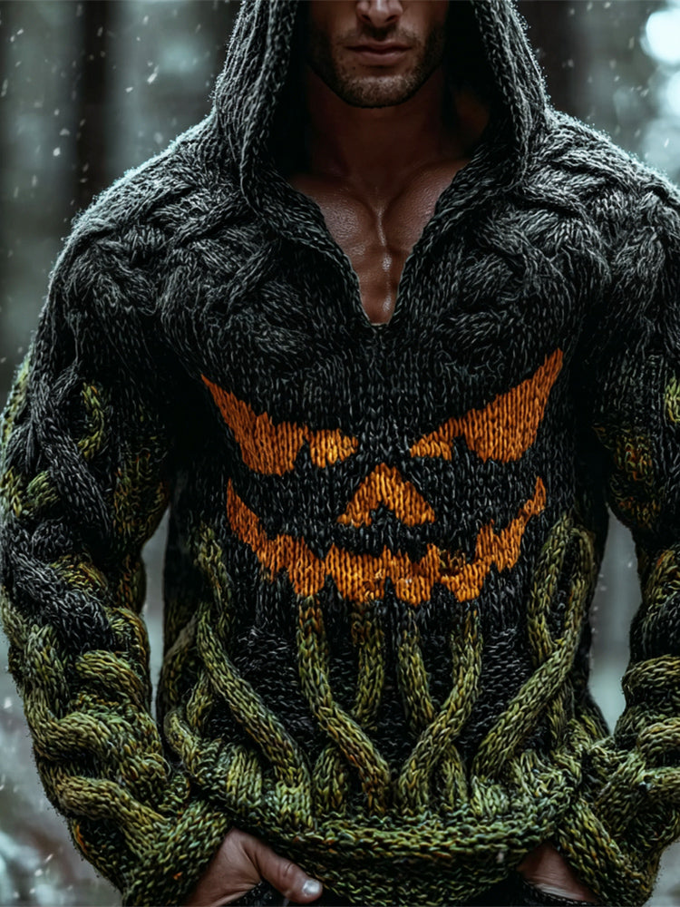 Viking Halloween Evil Emoji Vintage Men's Chunky Knit Twist Hooded Sweater artswardrobe