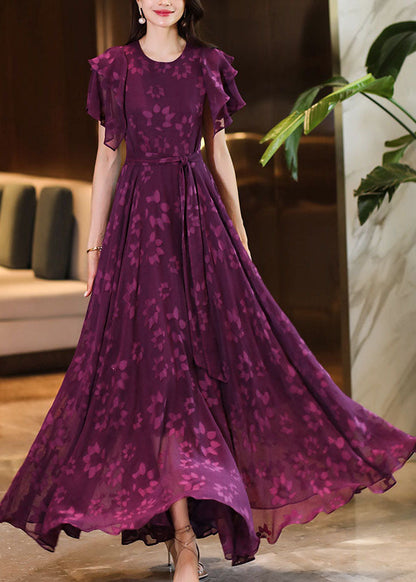 Purple O-neck Print Ruffled Wrinkled Chiffon Maxi Dress Short Sleeve