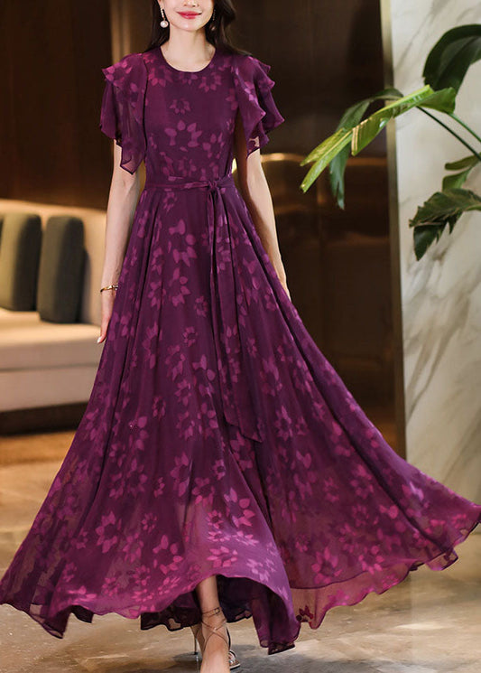 Purple O-neck Print Ruffled Wrinkled Chiffon Maxi Dress Short Sleeve