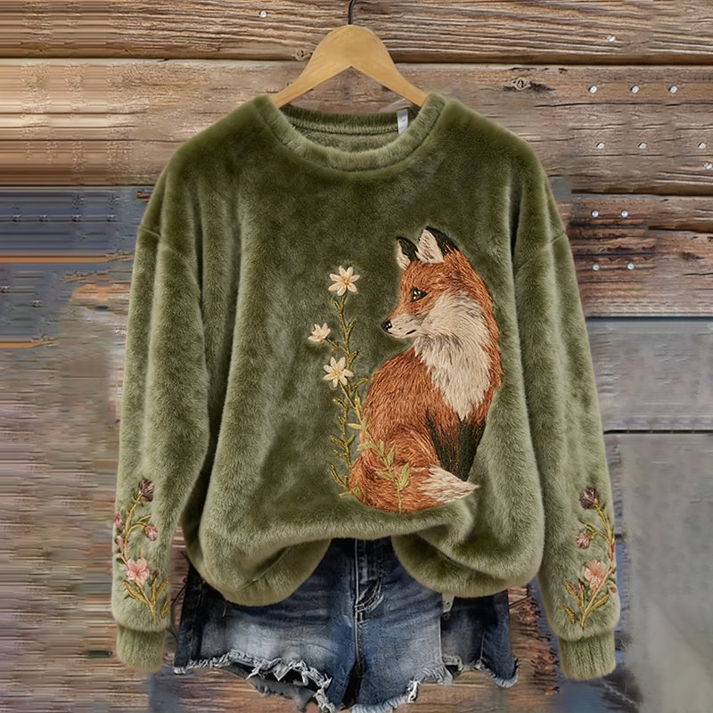 Comstylish Fox And Floral Pattern Warm Plush Pullover Sweater