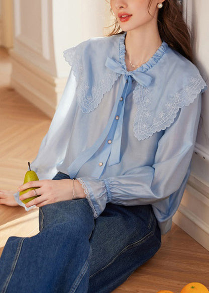 Blue Embroidered Tie Lace Tops Fall