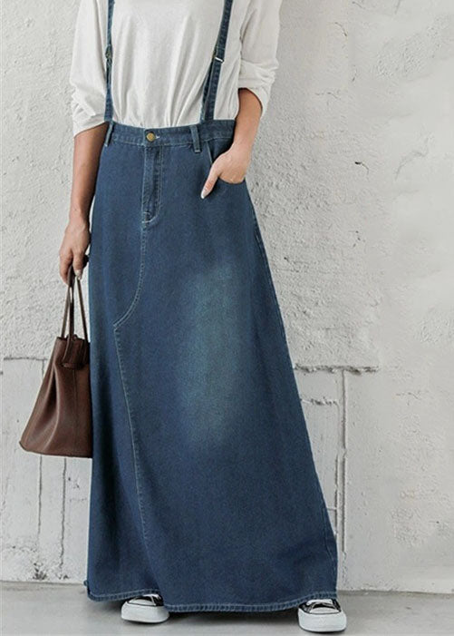 Blue Pockets Patchwork Denim Maxi Skirts Spring