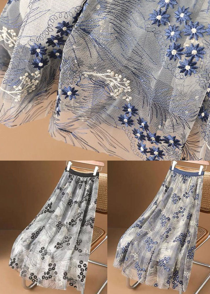 Blue Embroidery Wrinkled Tulle Skirts Summer