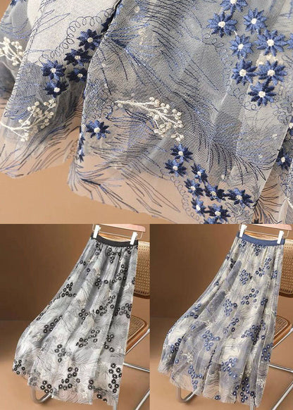 Blue Embroidery Wrinkled Tulle Skirts Summer