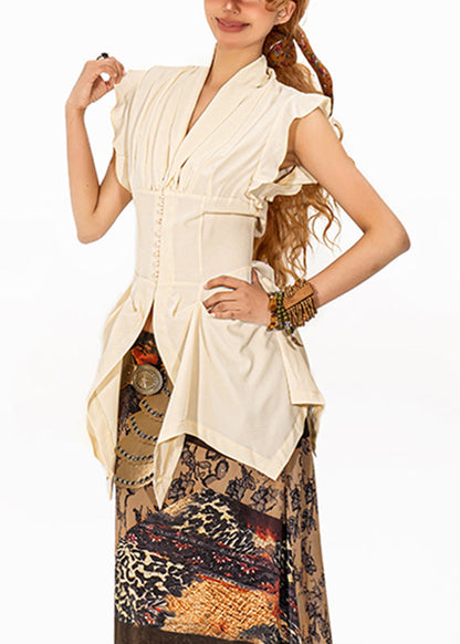 Beige Ruffled Patchwork Asymmetrical Top Sleeveless