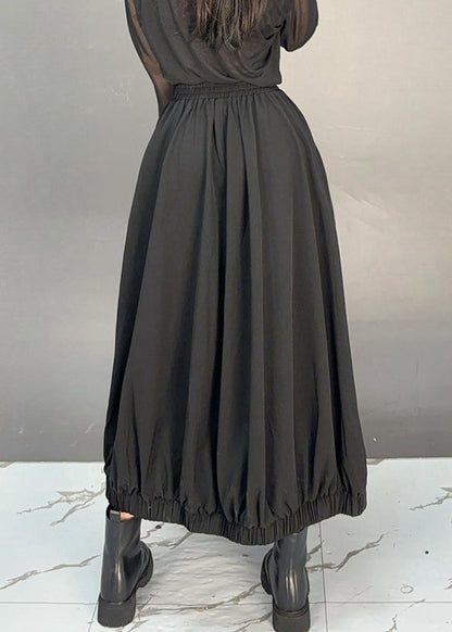 Black Pockets Cotton Fall Skirt Elastic Waist
