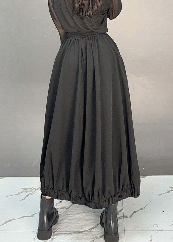 Black Pockets Cotton Fall Skirt Elastic Waist