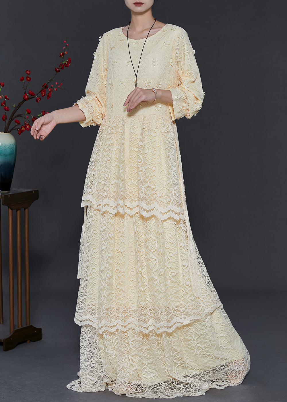 Yellow Layered Lace Party Dress Nail Bead Spring