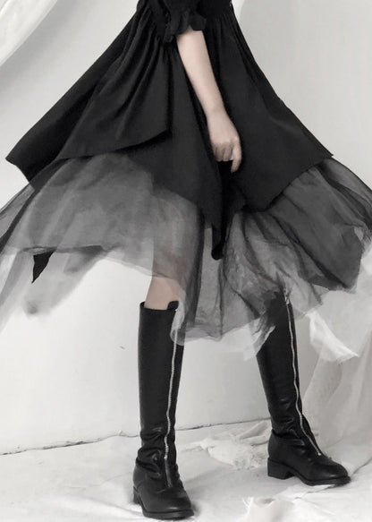 Black Asymmetrical Layered Tulle Maxi Skirt