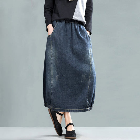 Retro A-line Cotton Denim Skirt