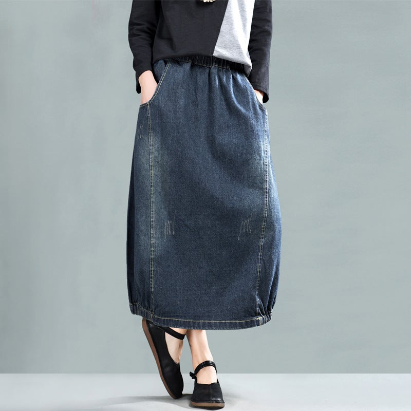 Retro A-line Cotton Denim Skirt