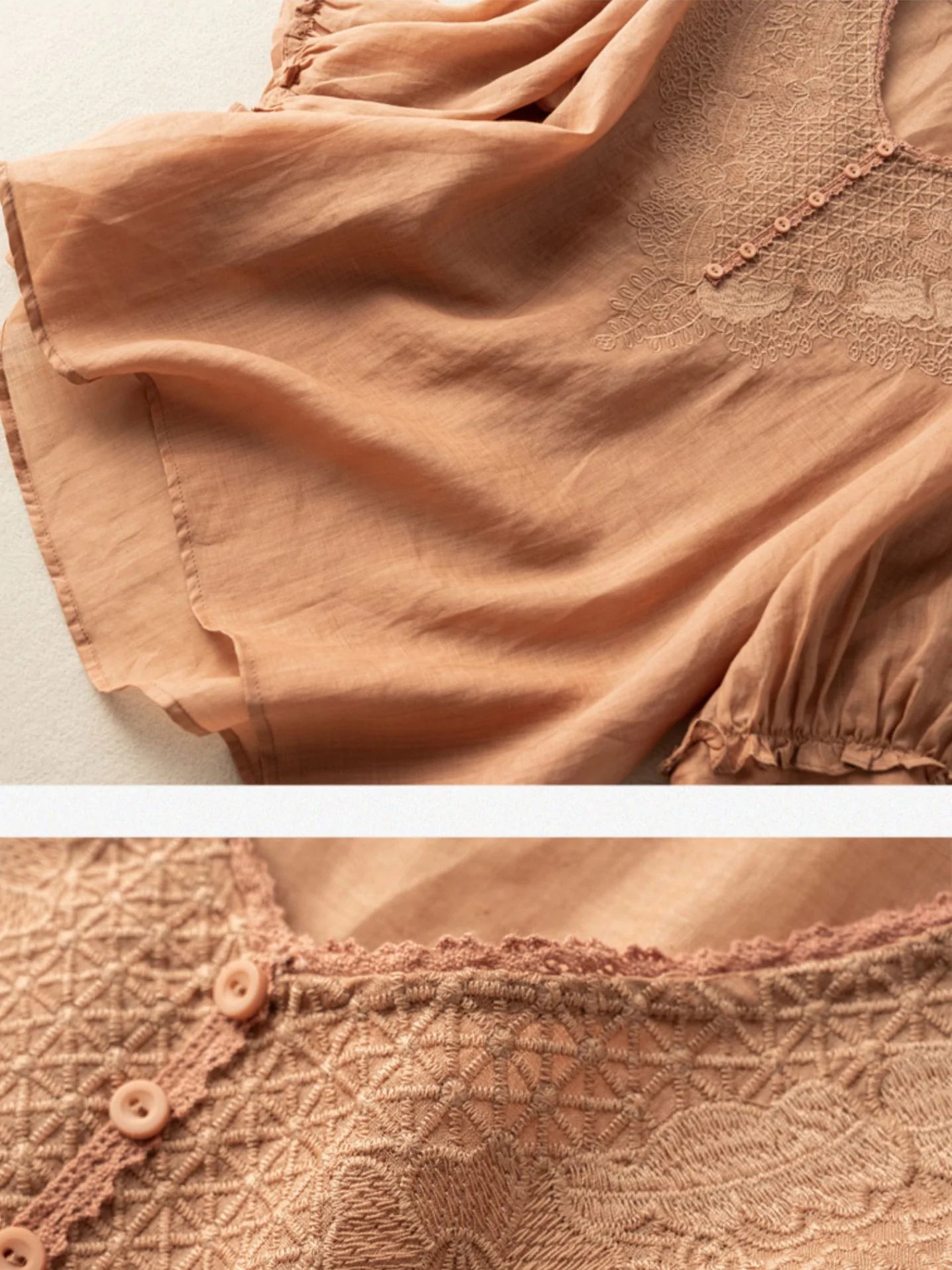 Embroidered V Neck Half Sleeve Linen Top
