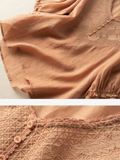 Embroidered V Neck Half Sleeve Linen Top