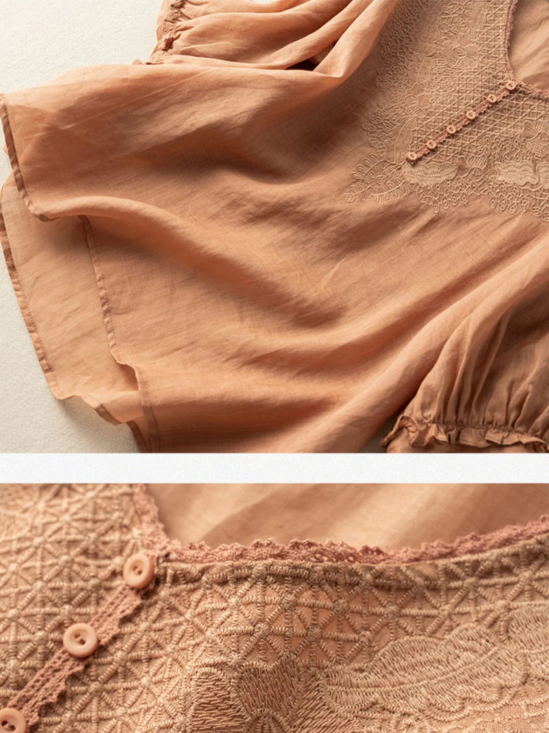 Embroidered V Neck Half Sleeve Linen Top