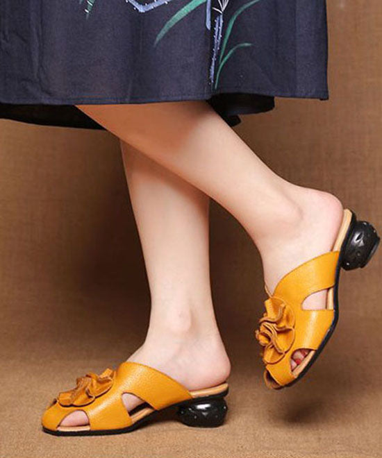 Splicing Yellow Cowhide Leather Slide Sandals