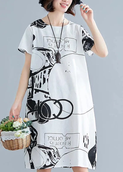 Classy White Print Linen Wardrobes O Neck Short Sleeve Shift Summer Dress