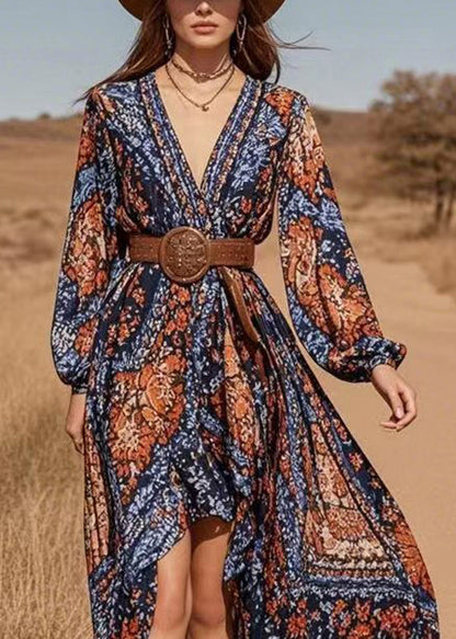 Blue V Neck Asymmetrical Design Chiffon Long Dresses Lantern Sleeve