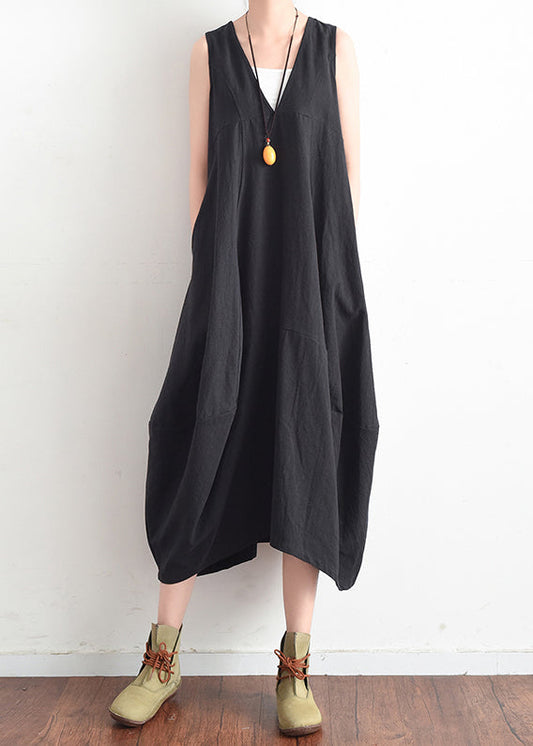 French Black V Neck Linen Clothes for Stylish Design Sleevless Loose Summer Dress