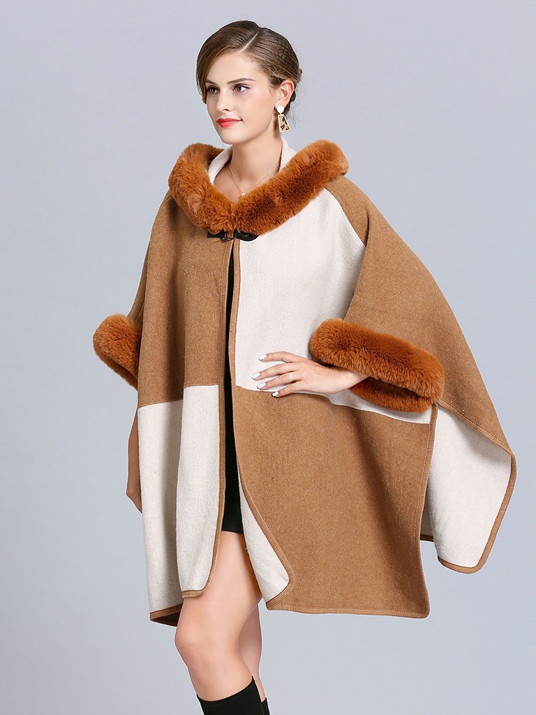 Poncho Cape Faux Fur Hooded Plaid Cape Coat