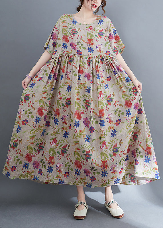 O-neck Cinched Extra Large Hem Print Holiday Dresses Short Sleeve