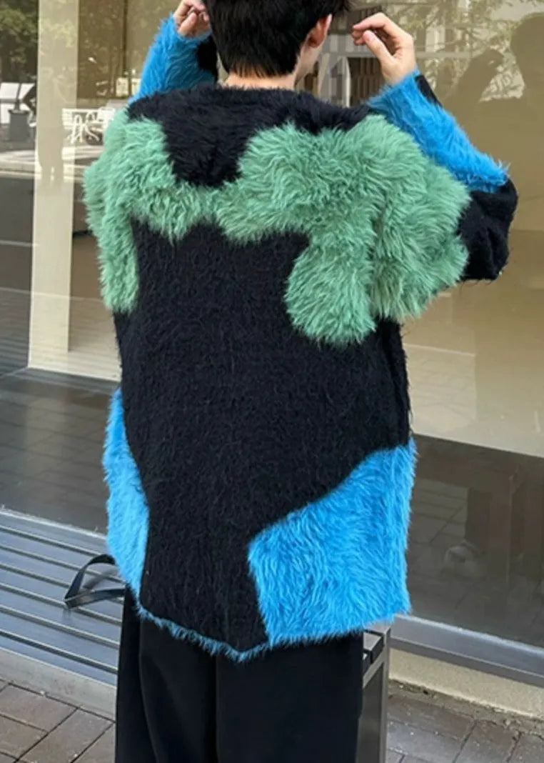 Unique Black Cozy Patchwork Sweater Pullover Winter