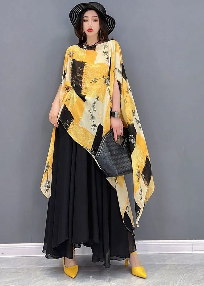 Yellow Asymmetrical Print Chiffon Tops and Skirts Two Piece Outfit Summer