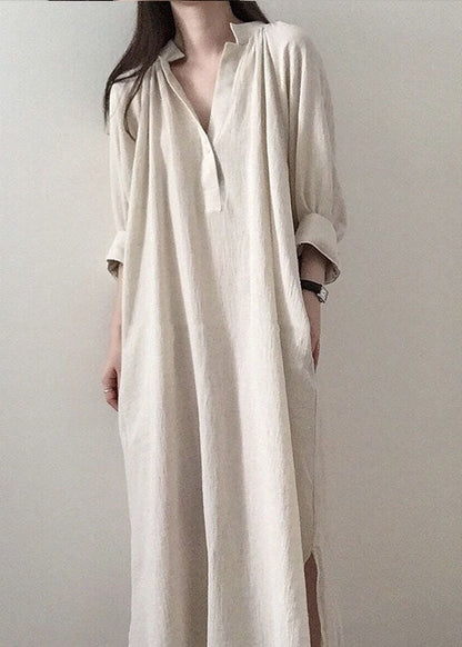 Apricot Side Open Stand Collar Cotton Dresses Long Sleeve