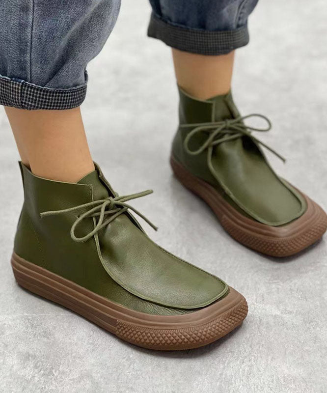 Coffee Cowhide Leather Boots Lace Up Ankle Boots
